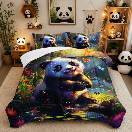 XYNHML Kawaii Black White Panda Comforter 3Pcs Panda Animal Themed Bedding Full Butterfly Bamboo Forest Quilt Set for Kid Teen Girl Boy Flower Botanical Bed Decor with 1 Comforter and 2 Pillowcases