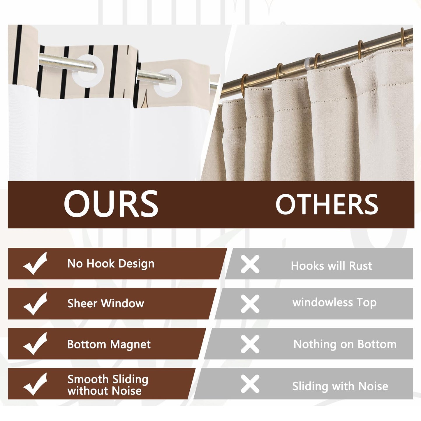 NAEMBCU No Hook Shower Curtain with Snap-in Liner 71x74 Inch