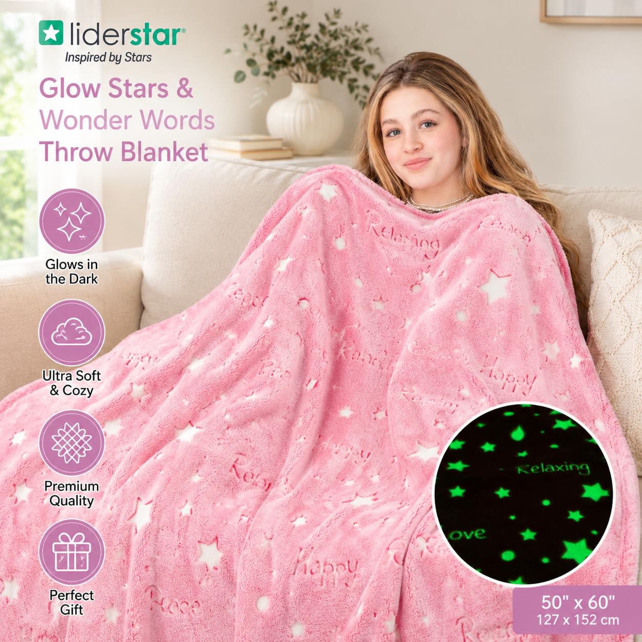 Glow in the Dark Throw Blanket, Super Soft Fuzzy Plush Fleece, Decorated with Stars and Words of Encouragement, Birthday Gift for Girls Kids Women Teens Grandkids Toddlers, Pink, 50" x 60"