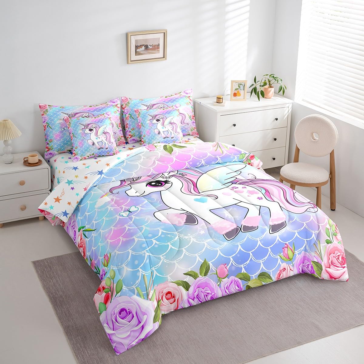 Cute Unicorn 7Pcs Comforter Set Full Size,Mermaid Scales Bedding Sets for Kids Girls Boys,Pink Purple Flower Bed in a Bag Dreamy Animals Fitted Sheet Flat Sheet,2 Throw Pillow 2 Pillowcases