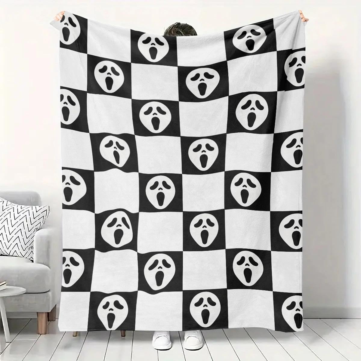 YWZDS Spooky Face Throw Blanket, Black and White Checkered Pattern, Halloween Ghost Blankets Fuzzy Gifts for Sofa Couch Bedroom (50 * 60 inch)