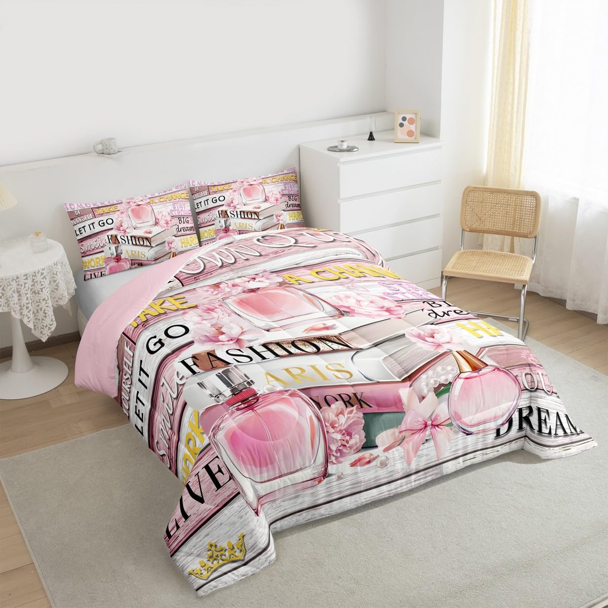 Erosebridal Pink Fashion King Bedding Set for Women Girls Kids Girly Aesthetic Modern Comforter Inspirational Quotes Trendy Elegant Coquette Cute Quilt Perfume Paris Preppy Pink Bow Duvet Insert