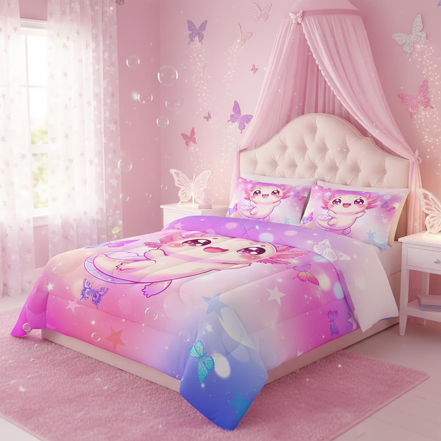 QOOMO 3Pcs Axolotl Comforter Set Twin,Kawaii Salamander Bedding Set for Teens Boys Girls,Butterfly Printed Comforter with 2 Pillowcases,Down Alternative,Soft and Lightweight