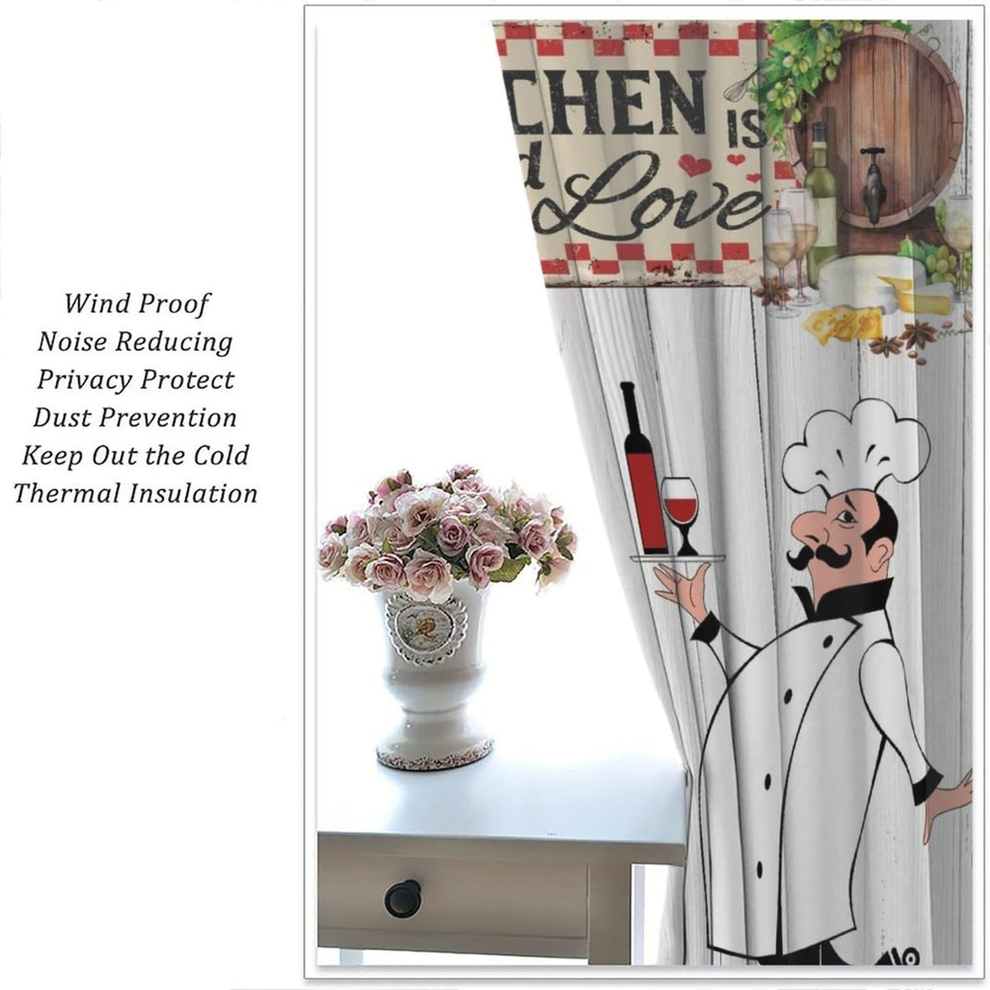 YSWOW Chef Kitchen Curtains, Funny Chef Cook Theme Rustic Farm Black Checkered Art Printed Window Drapes for Bedroom Living Room Decor Fabric Set 2 Panel 27.5x39 Inch 80% Shading Rate