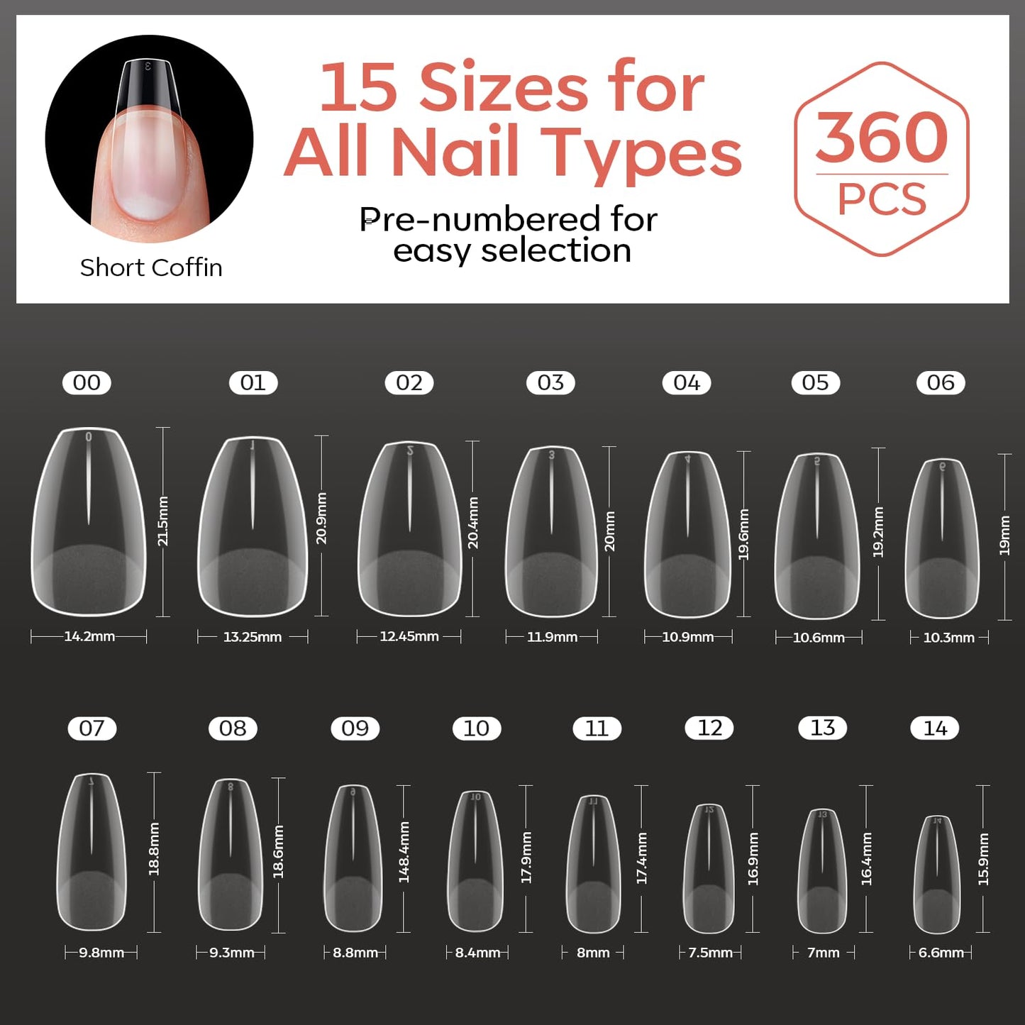modelones Short Coffin Nail Tips, 360pcs Pre-etched 15 Sizes Clear Fake X Nail Gel Press On Full Cover Half Matte Acrylic Gel Tips for Extension Salon