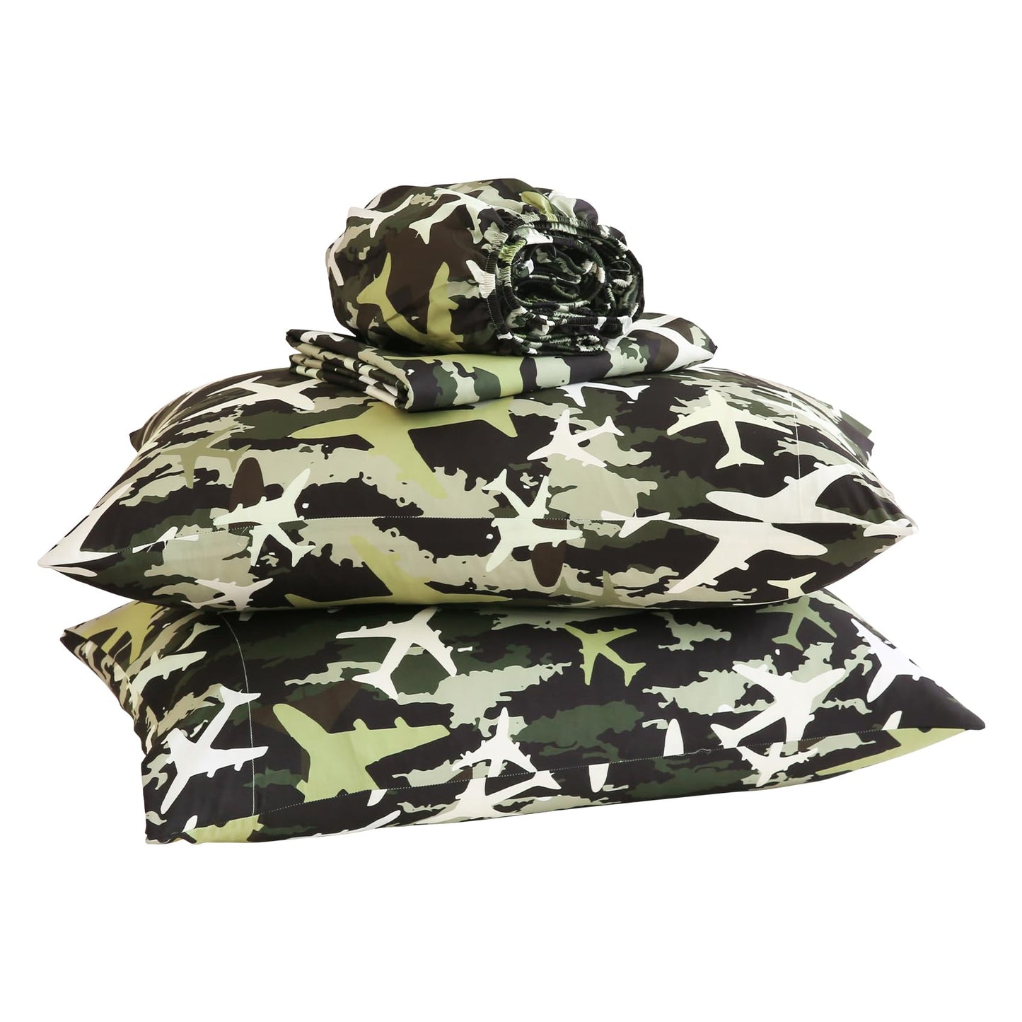 Yibeizi Airplane Sheet Set for Boys Full, Kids Camouflage Green Print Bedsheets Microfiber Deep Pocket Cute Patterned Bed Sheet & Pillowcase Sets 4 Pieces
