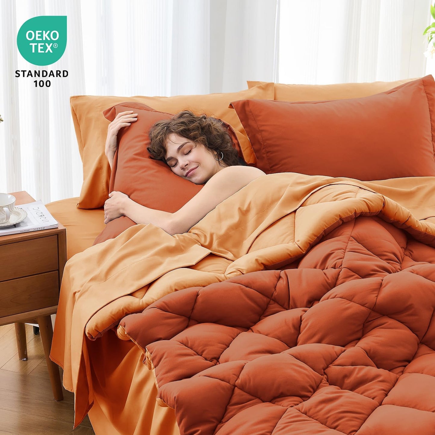 MUXHOMO 7 Pieces Queen Comforter Set, Reversible Bed in a Bag Queen Size, All Season Bedding Set with Comforter, Flat Sheet, Fitted Sheet, Pillowcases & Shams, Burnt Orange & Camel
