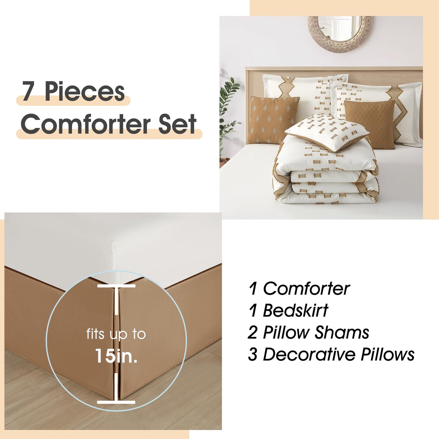 LANCO MODERN LIFESTYLE 7 Piece Taupe and White Comforter Set, California King, Boho Home Decor, Geometric Clip Pattern Bedding Set for All Seasons, Bed in a Bag, Bedskirt, Shams and Decorative Pillows