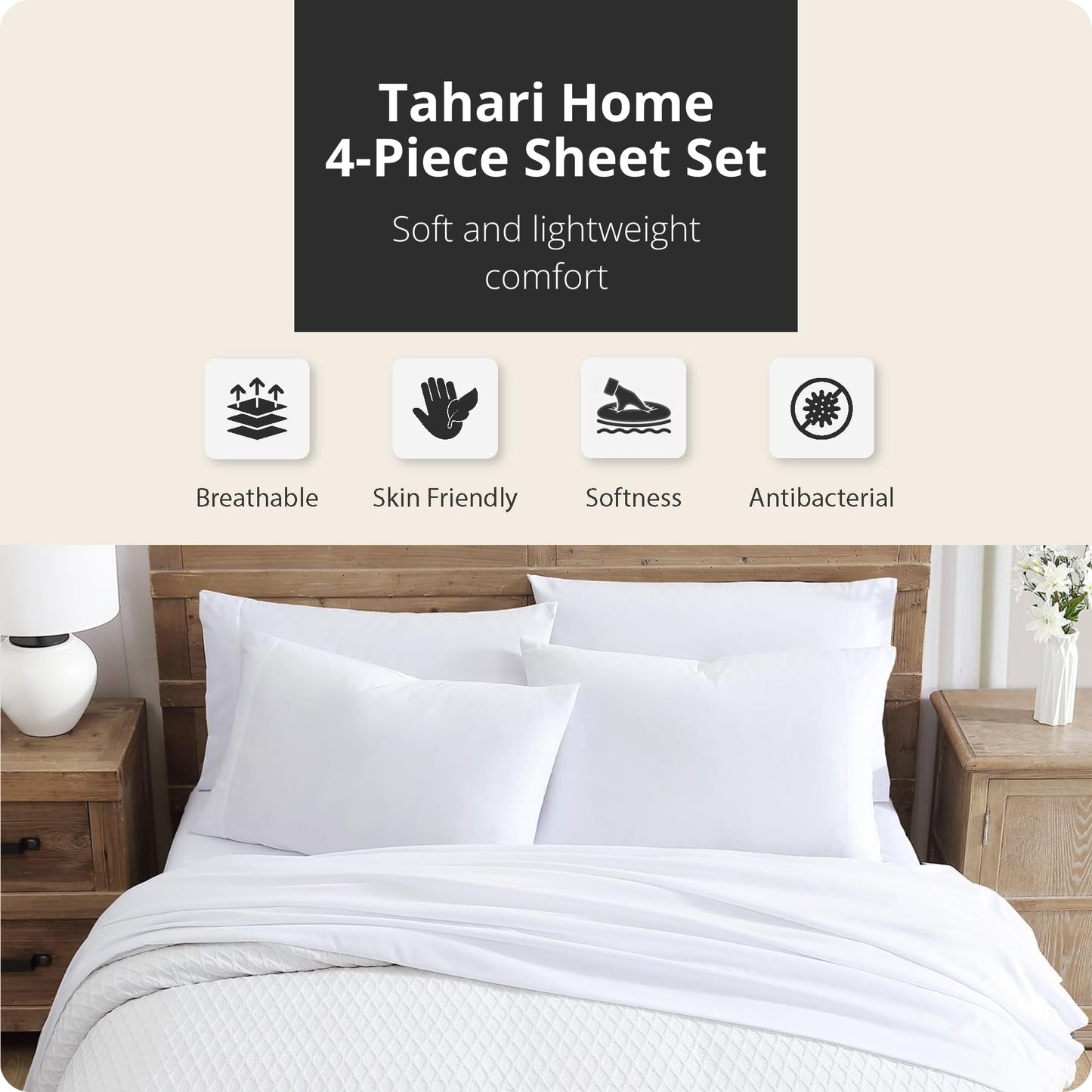Tahari Home 6-Piece King Size Bedding Set - Fitted & Flat Sheets & Pillowcases | Soft & Cozy Polyester Microfiber | Breathable & Wrinkle Resistant | Dorm Essentials | Solid Bright White