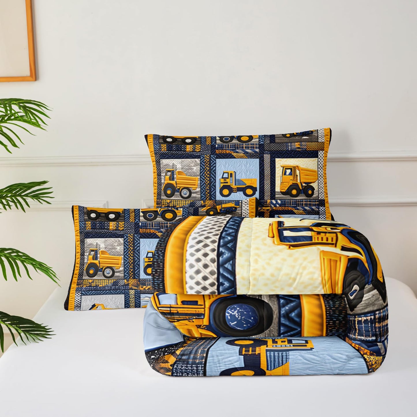 lneffble Kids Excavator Comforter Set Twin,Boys Construction Bedding Set,Yellow Vehicles Excavator Tractor Print Bedding Set,Soft Microfiber Cartoon Truck Quilt Set for Room Decor