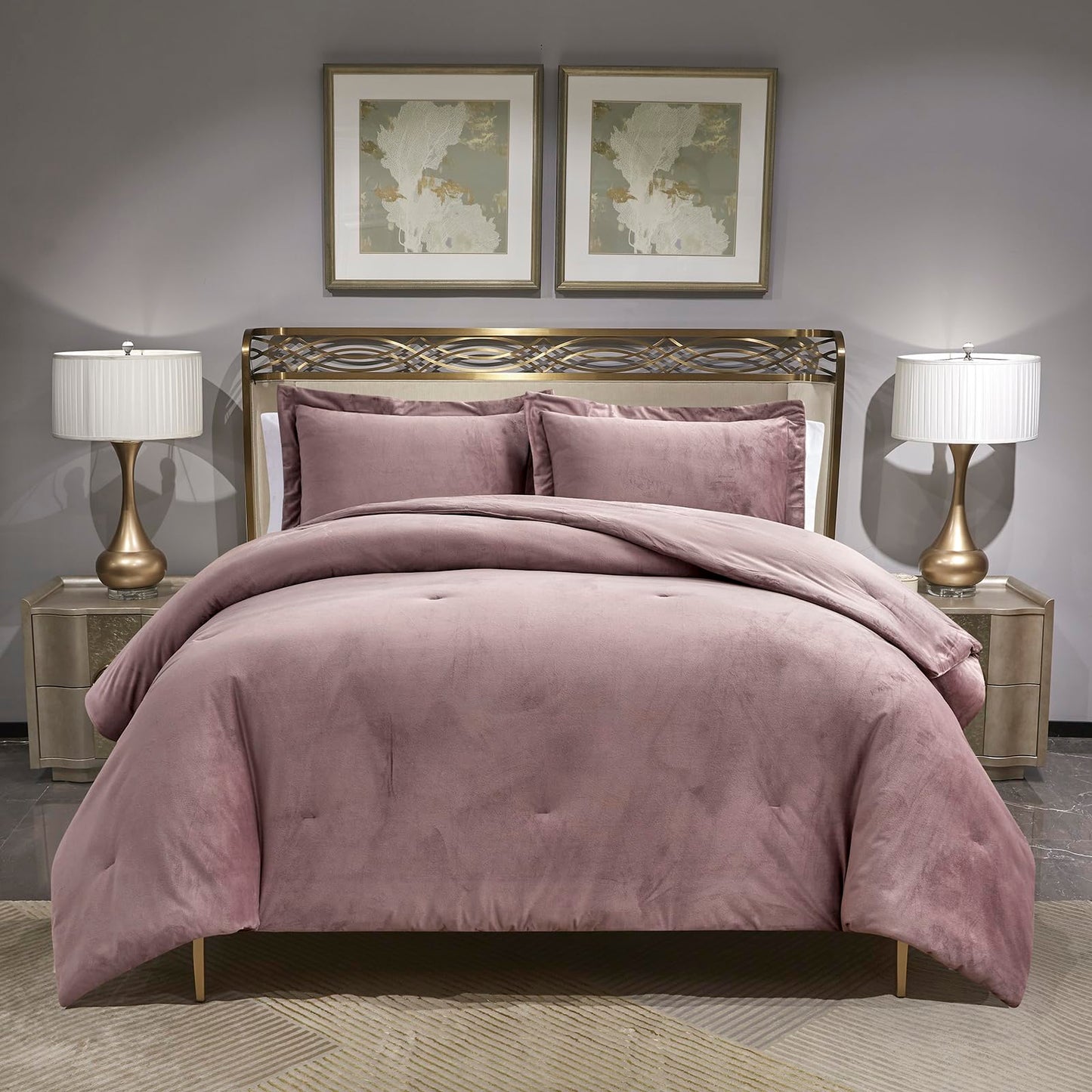 HUMESIIL Poly Plush Comforter Set, Poly Plush Fabric for Both Front and Reverse, with Downalternative Fill, 3 Pieces King 106"x96", Dusty Mauve