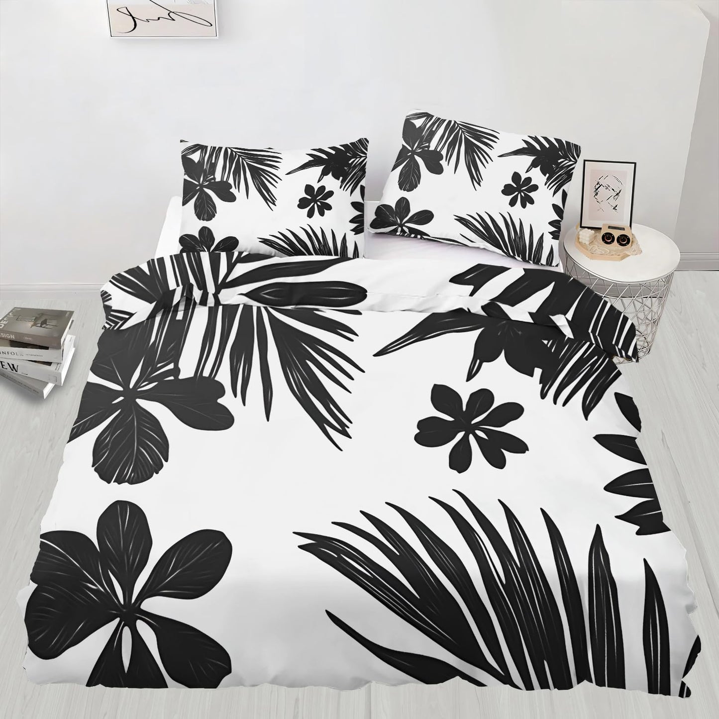 GKPLY Tropical Leaves Bedding Duvet Cover, Black Botanical Comforter Set with Zipper, Black and White Duvet Cover Twin, 3 Pieces with 2 Pillowcases, Reversible Bedding & Bedroom Decor, Easy Care