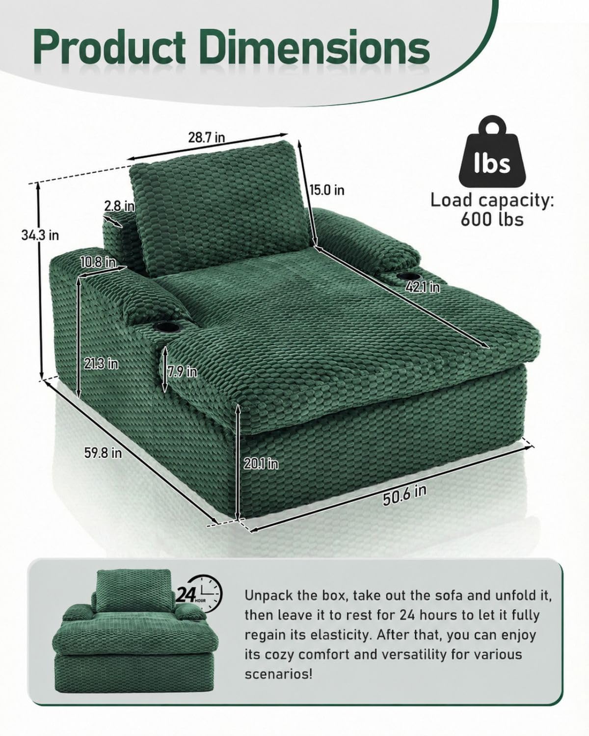 Karl home 59.8" Chaise Lounge Chair Indoor,20.1" Deep Seat, Green