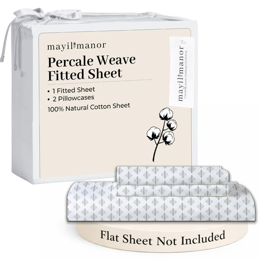 Mayil Manor Queen Size Fitted Sheet with 18" Deep Pockets, No Flat - Percale Weave Natural - Breathable 100% Cotton Printed Bedding, 1 Fitted Sheet + 2 Pillowcases - Grey Ida Print