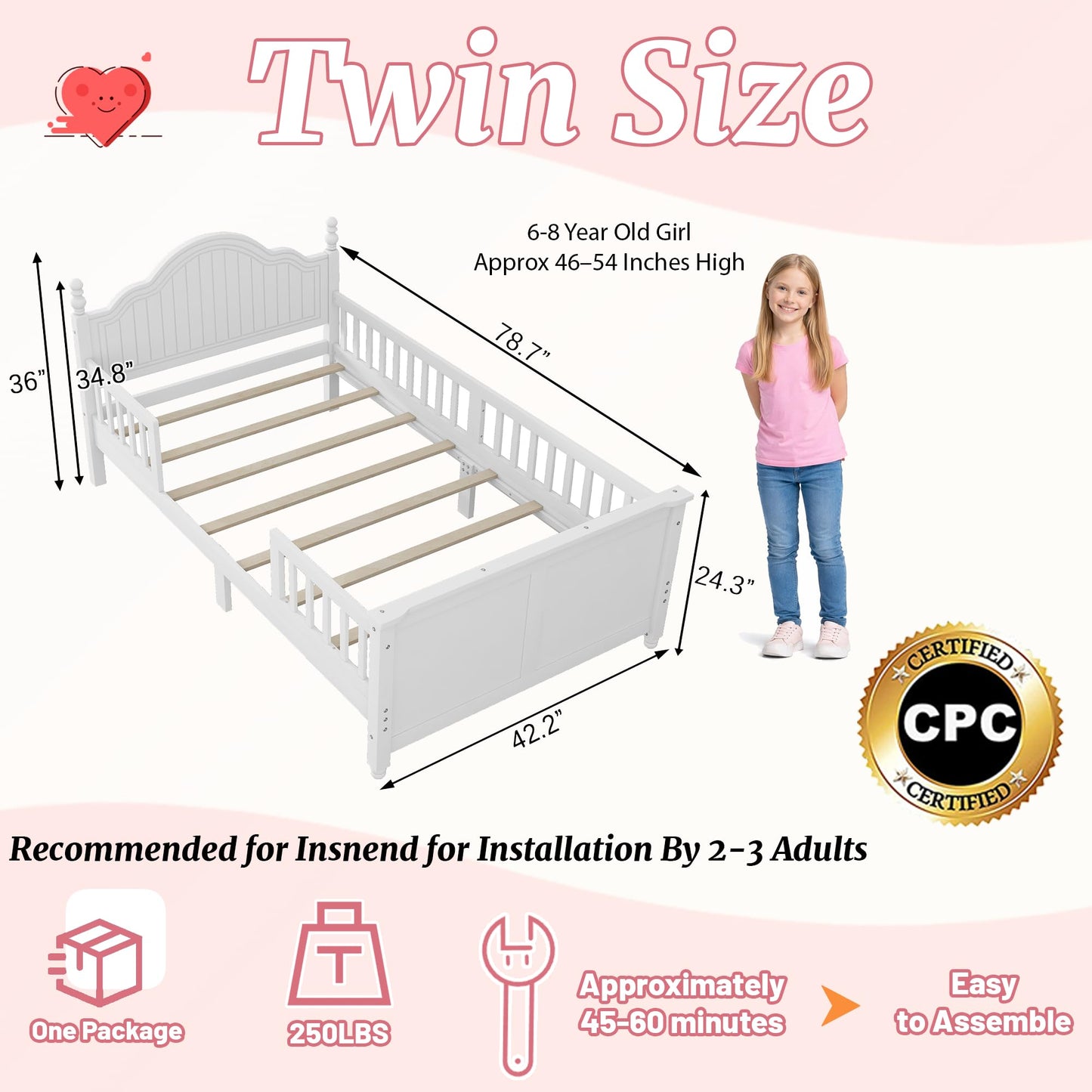 OYUMOENTS Twin Bed with Rails, Low Profile Twin Bed Frame with Rails & Headboard, Wood Kids Platform Beds with Footboard for Boys & Gilrs, No Spring Box Required, No Squeaks, White