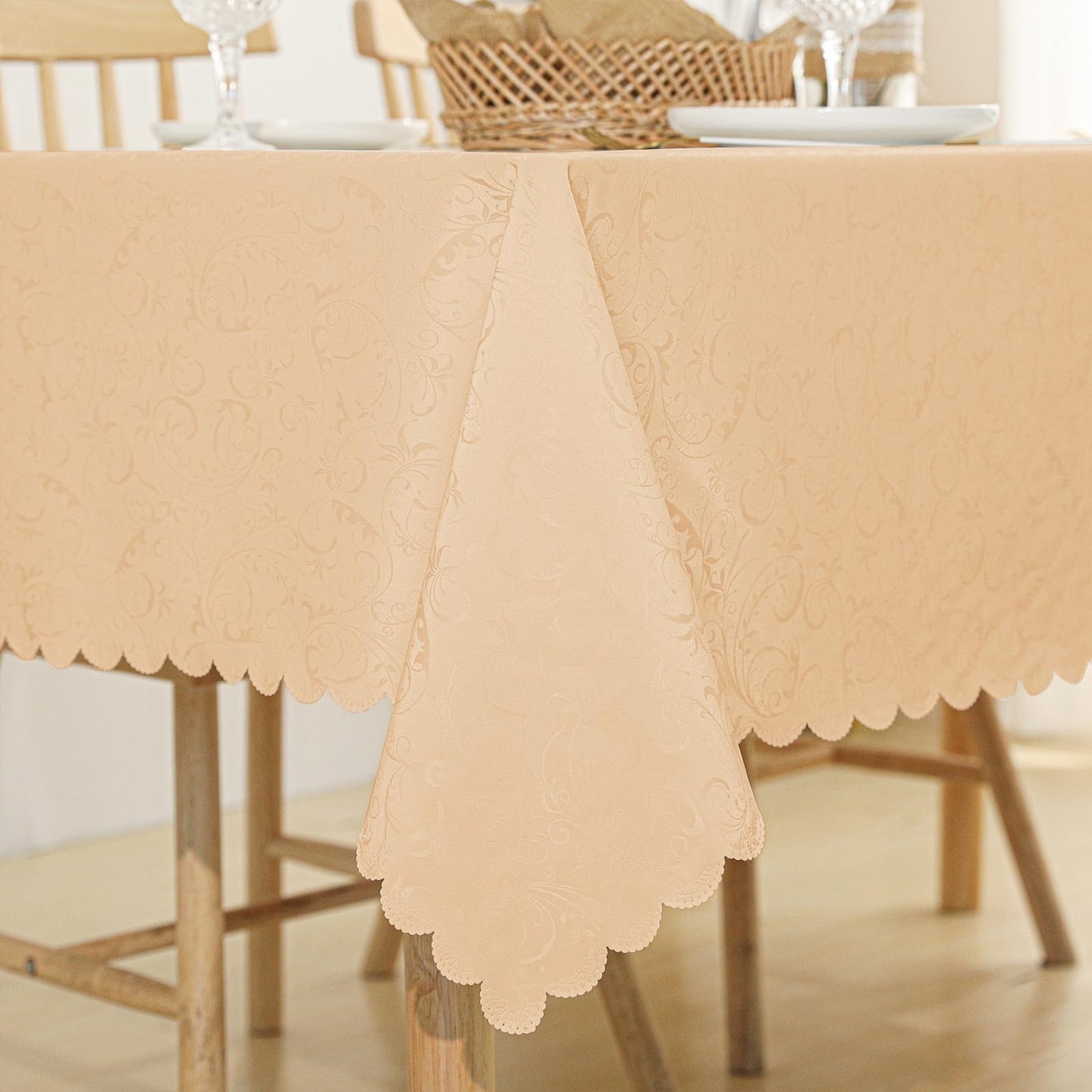 Qubjus Rectangle Jacquard Tablecloth High Weight Heavy Waterproof oilproof with Lace Table Cover for Dining Table, 60x104 Inch, Gold