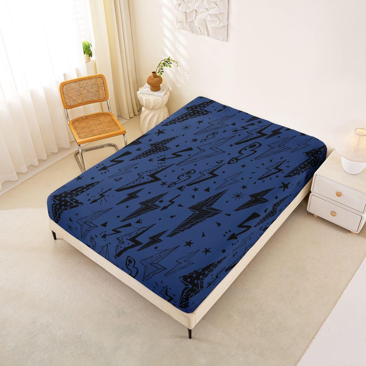 Castle Fairy Black Lightning Fitted Sheet Queen Size (No Flat),Gaming Bedding Sets 3Pcs,Girls Boys Adult Room Decor,Cartoon Natural Warning Bed Sheets Modern Cool Deep Pocket Sheet,2 Pillowcases