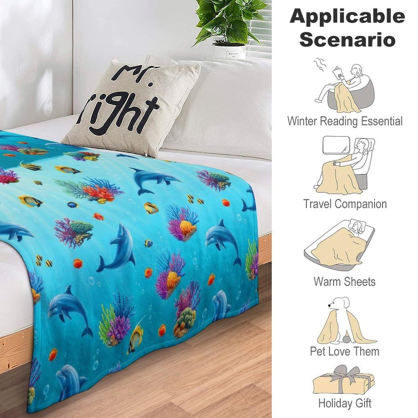 Cozy Warm Blanket, Fashion Home Decor Soft Throw Blanket for Bed, Sofa and Couch Compatible with Sea Dolphin Underwater