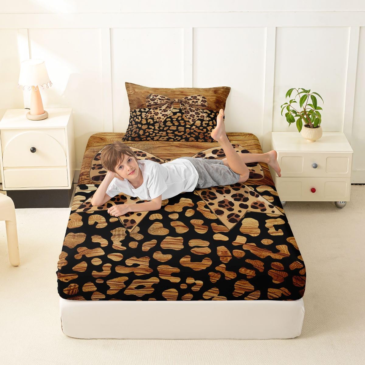 jejeloiu Brown Leopard Bow Fitted Sheet Twin Size for Kids Boys Girls Abstract Bed Sheets Set 16" Deep Pocket Leopard Print Bowknot Bedding with 1 Pillowcase Room Decor