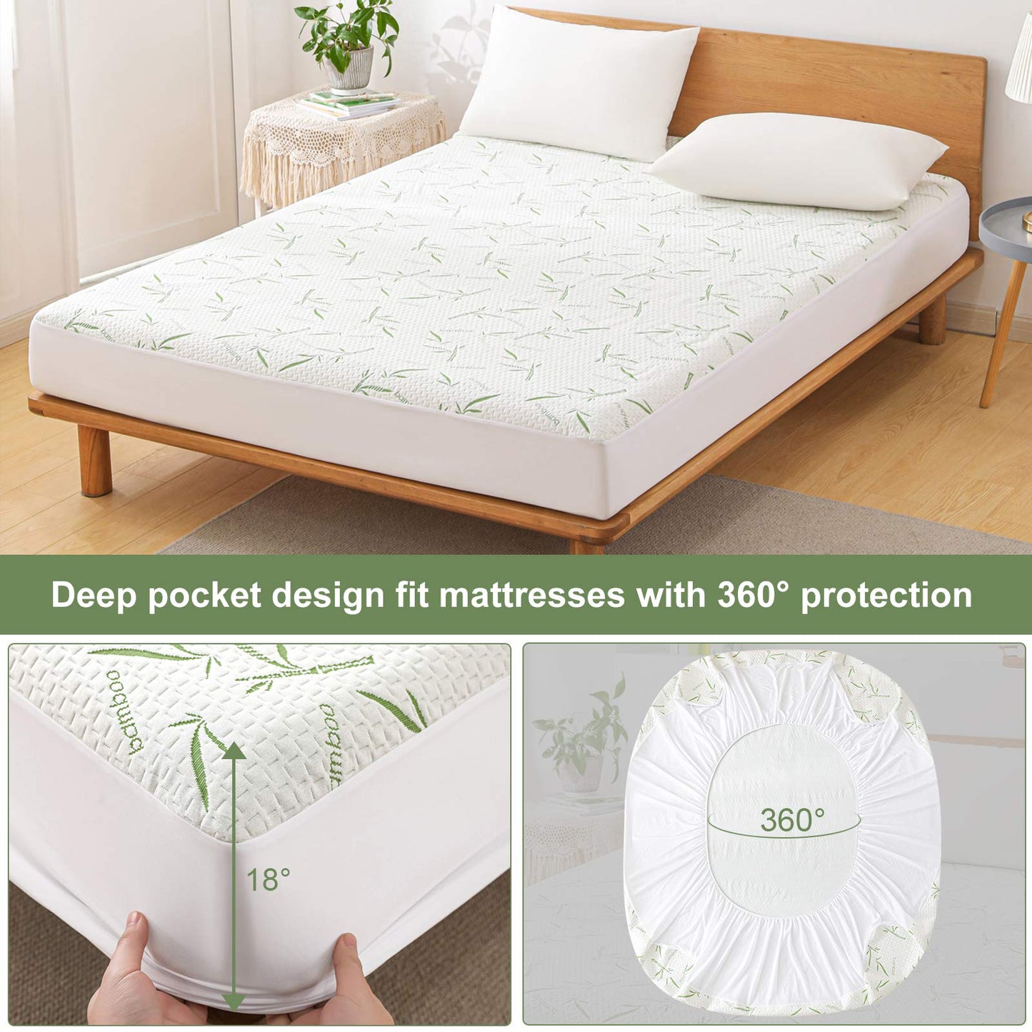 Queen Mattress Protector Waterproof Mattress Pad Washable Bamboo Rayon Mattress Cover Breathable Noiseless Bed Protector 5" - 21'' Elastic Fitted Deep Pocket