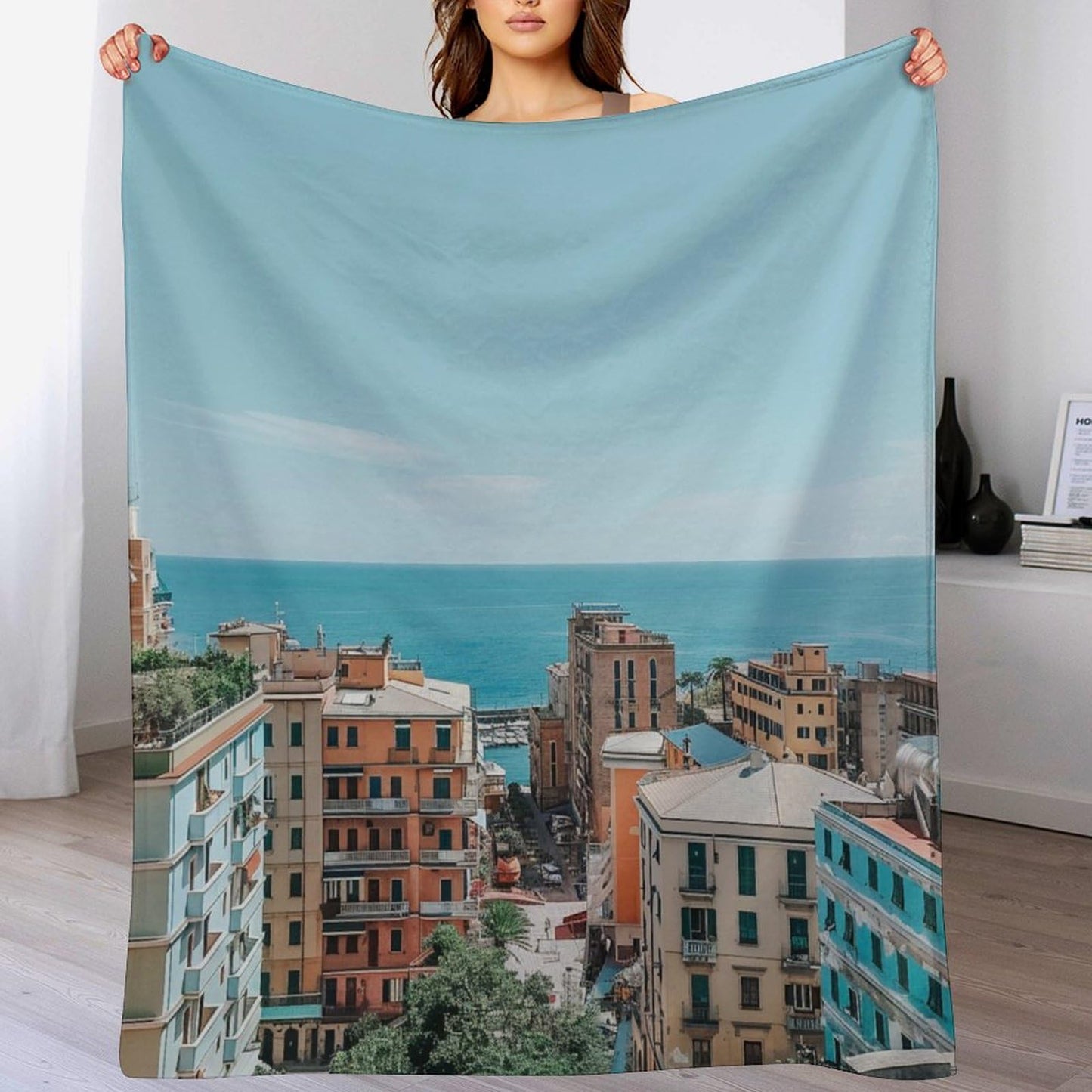 HDESDIS Coastal Cityscape Throw Blanket, Soft Cozy Warm Nautical Seaside Architecture Flannel Blankets for Sofa Couch Bed, 50x60 Inch
