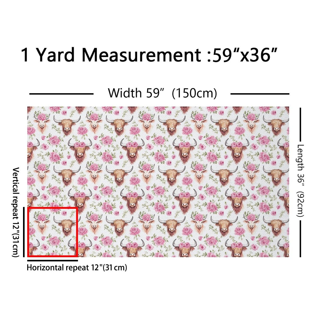 Brown Highland Cow Fabric by The Yard Watercolor Pink Rose Garden Flowers No Stretch Sewing Fabric Farm Animal Romantic Floral Rustic Flannel Polyester Fabric for DIY Projects 1 Yard Pre-Cut,36Lx59 W