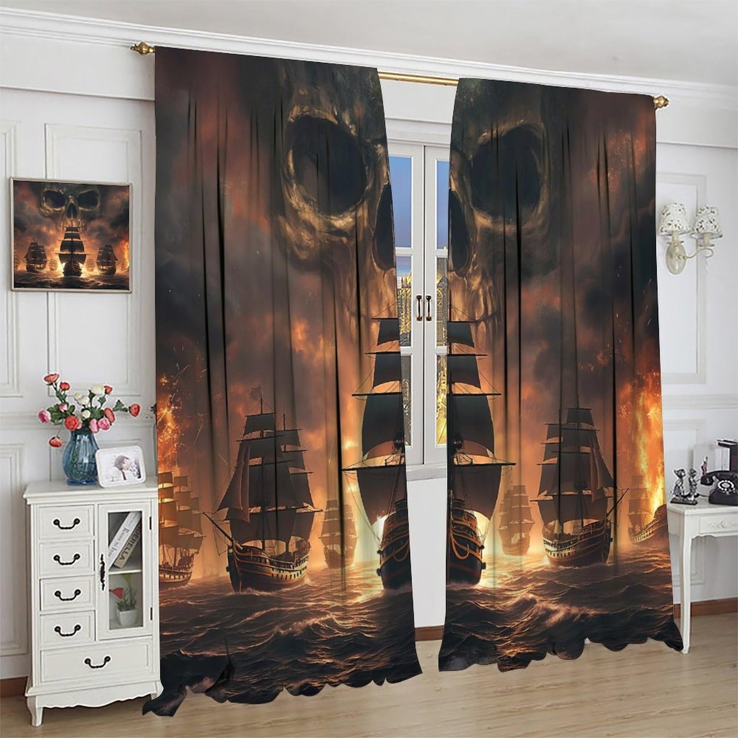 wlsgdsg Pirate Ship Curtains for Boys Cartoonish Cool Medieval Ocean Flame Skull Sailboat Pattern Window Treatments for Kids Boys Bedroom Living Room 42x44.5In（No Blackout）