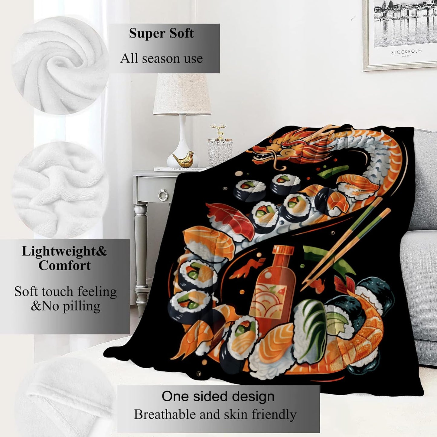 VODRM Sushi Dragon Blanket Japanese Cuisine Throw Blankets,Birthday Gifts for Kids Girls Women,Lightweight Soft Fleece,Sweet Food Lovers,Sofa Couch Bed Room Modern Decor 50x60in