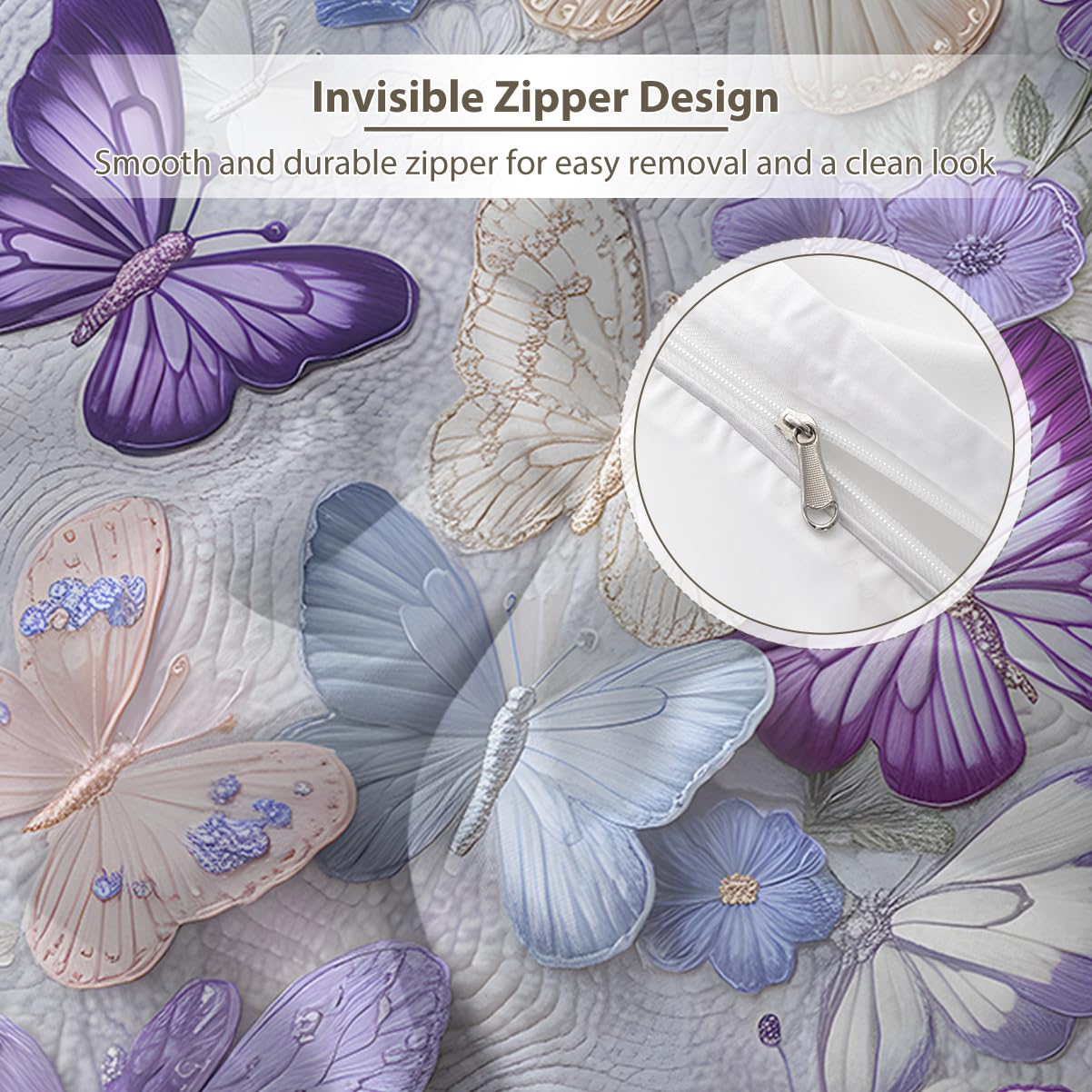MILANKET Butterfly Floral Duvet Cover Set, Purple and Blue Garden Bedding with Delicate Insect and Flower Print, Soft Microfiber Reversible Comforter Cover for Elegant Bedroom Decor, 3 Pieces, Twin