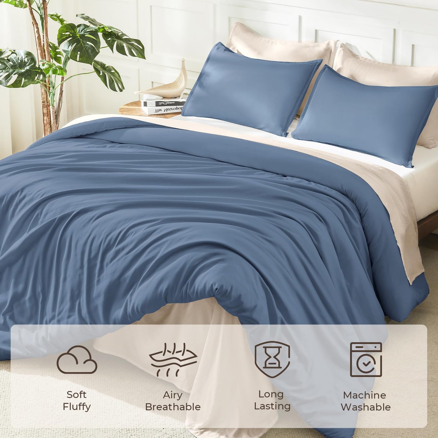 Litanika Haze Blue Comforter King Size, 3 Pieces Lightweight Solid Bedding Comforter Set, All Season Fluffy Bed Set (104x90In Comforter & 2 Pillowcases)