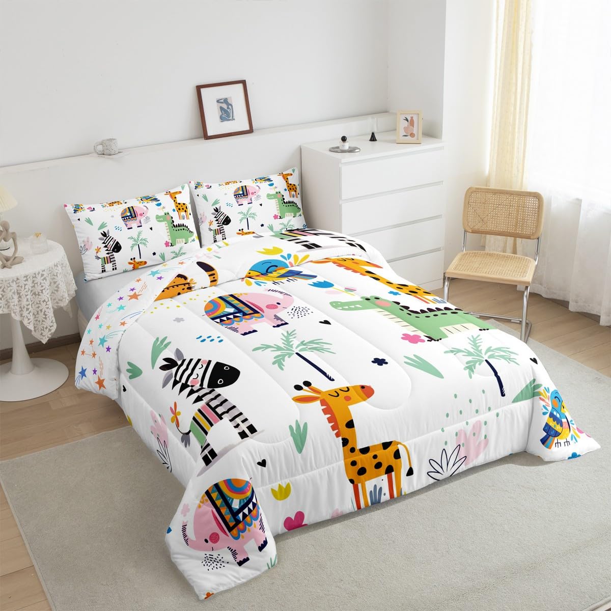 Feelyou Zoo Animals Comforter Set for Girls Boys Kids Twin Size Giraffe Elephant Dinosaur Comforter Room Decorative Wild Animals Bedding Set Cartoon Animal Duvet Set 3Pcs Quilt Set