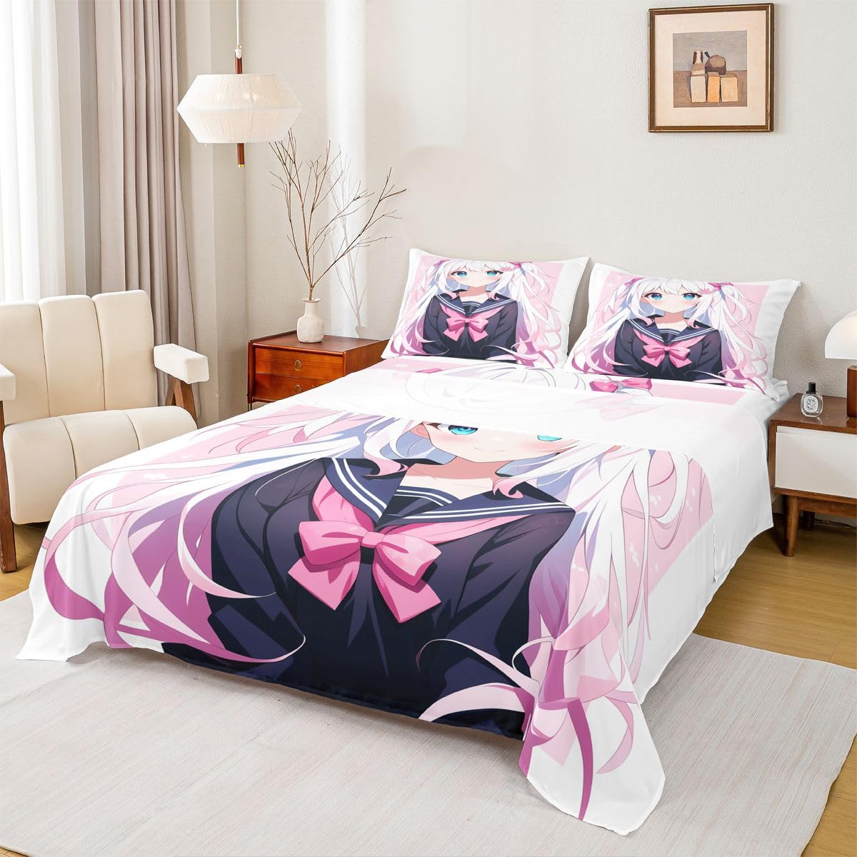 Erosebridal Kawaii Japanese Girl Sheets Cartoon Anime Bedding Set Twin for Kids Boys Girls 3D Japanese Style Bed Sheets Set Sailor Suit Uniform Girl Design Fitted Sheet + Top Sheet + 1 Pillowcase