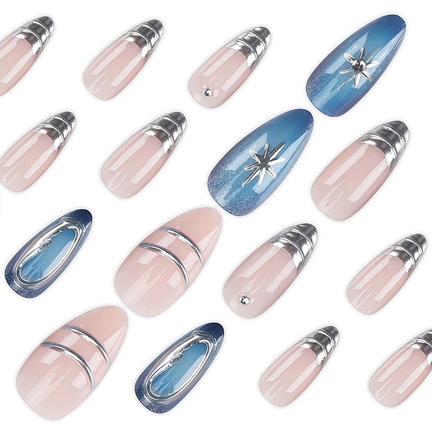 RUOKEXIN Almond Press on Nails French Tip Fake Nails Medium False Nails with 3D Designs Silver Nail Press ons Sparkly Artificial Nails for Women 24Pcs