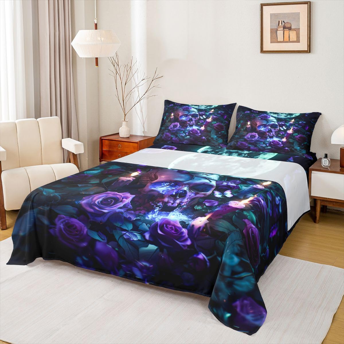 Feelyou Sugar Skull Bed Sheets Set Full Size Halloween Themed Bed Set for Kids Boys Girls Rose Floral Flower Deep Pocket Fitted Sheet Butterfly Breathable Soft Lightweight Microfiber Candles