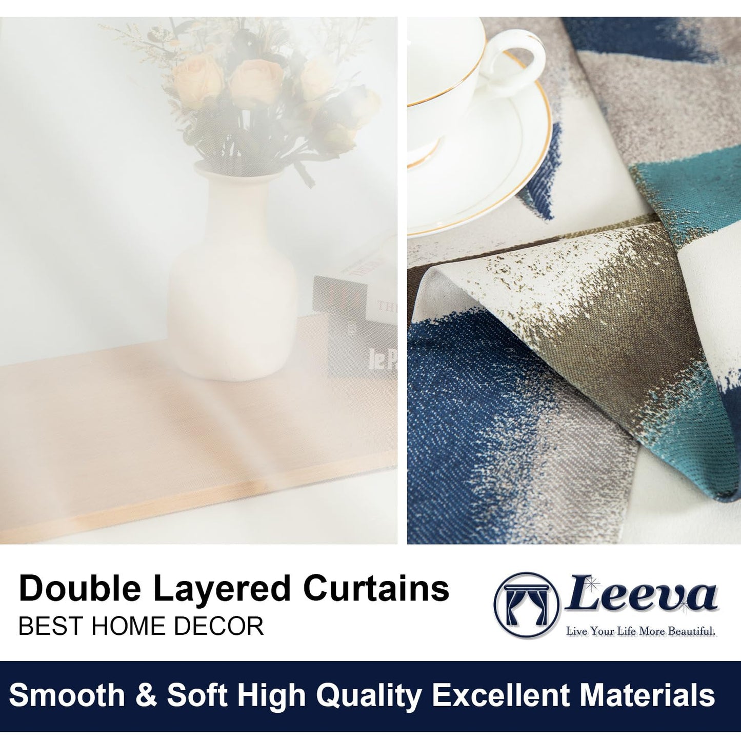 Leeva Elegant Blackout Curtains and Sheer Layered, Grommet Window Curtain Panels with Tiebacks, Light Filtering Drapes for Bedroom Partition Room Dividers, 52 x 96