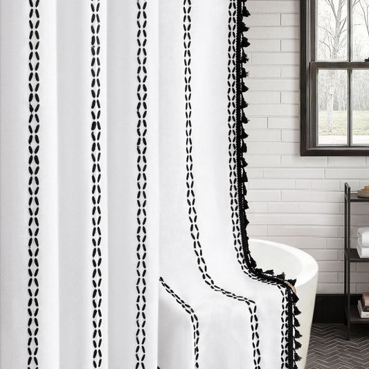 NDDYCU Black and White Boho Shower Curtain Farmhouse Linen Striped Fabric with Tassels, 72 X 72