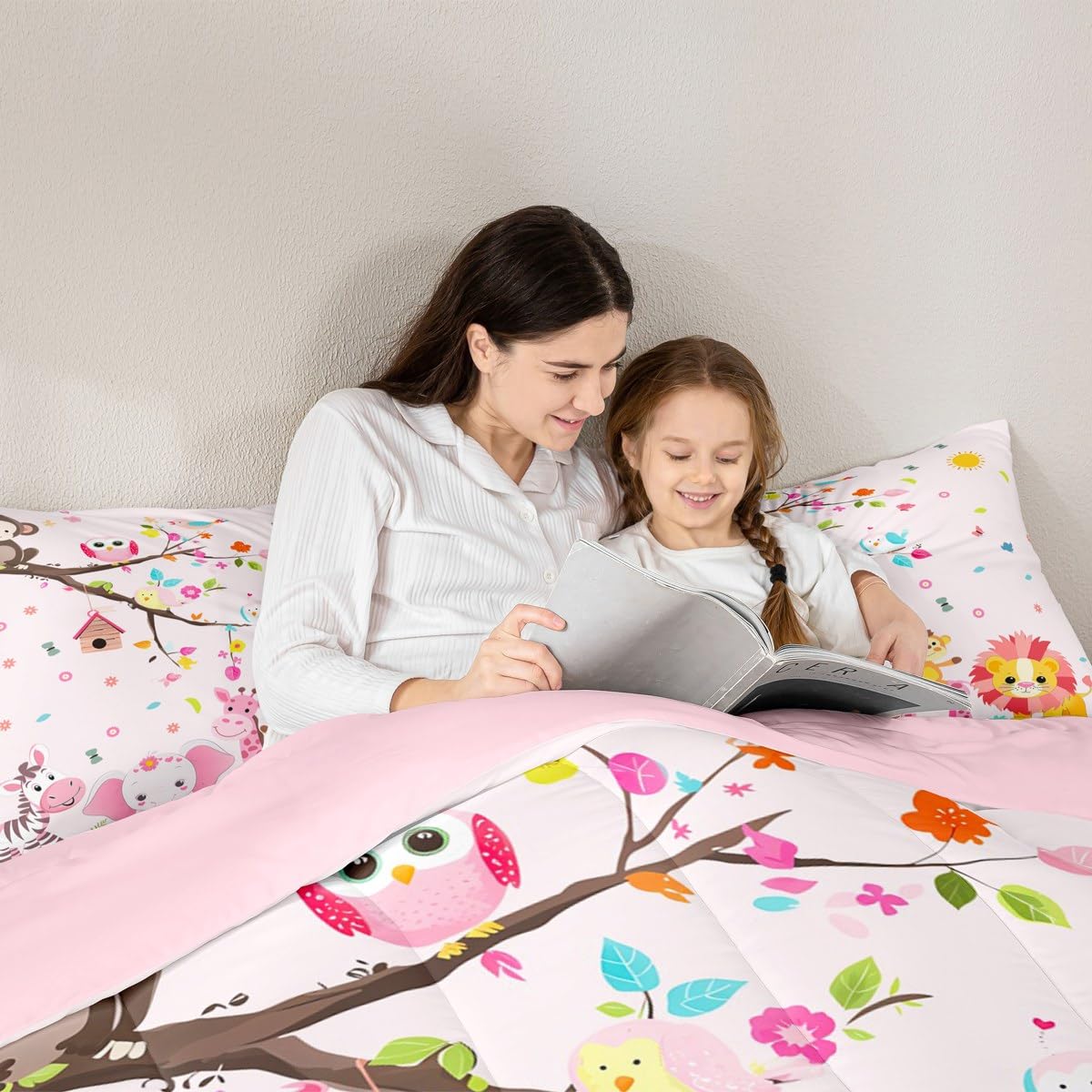 Erosebridal Pink Woodland Animal Comforter Set Twin Size Jungle Animals Bedding Set for Kids Girls BoysKawaii Lion Giraffe Comforter Cartoon Farm Wildlife Elephant Zebra Quilt Bedroom Decor