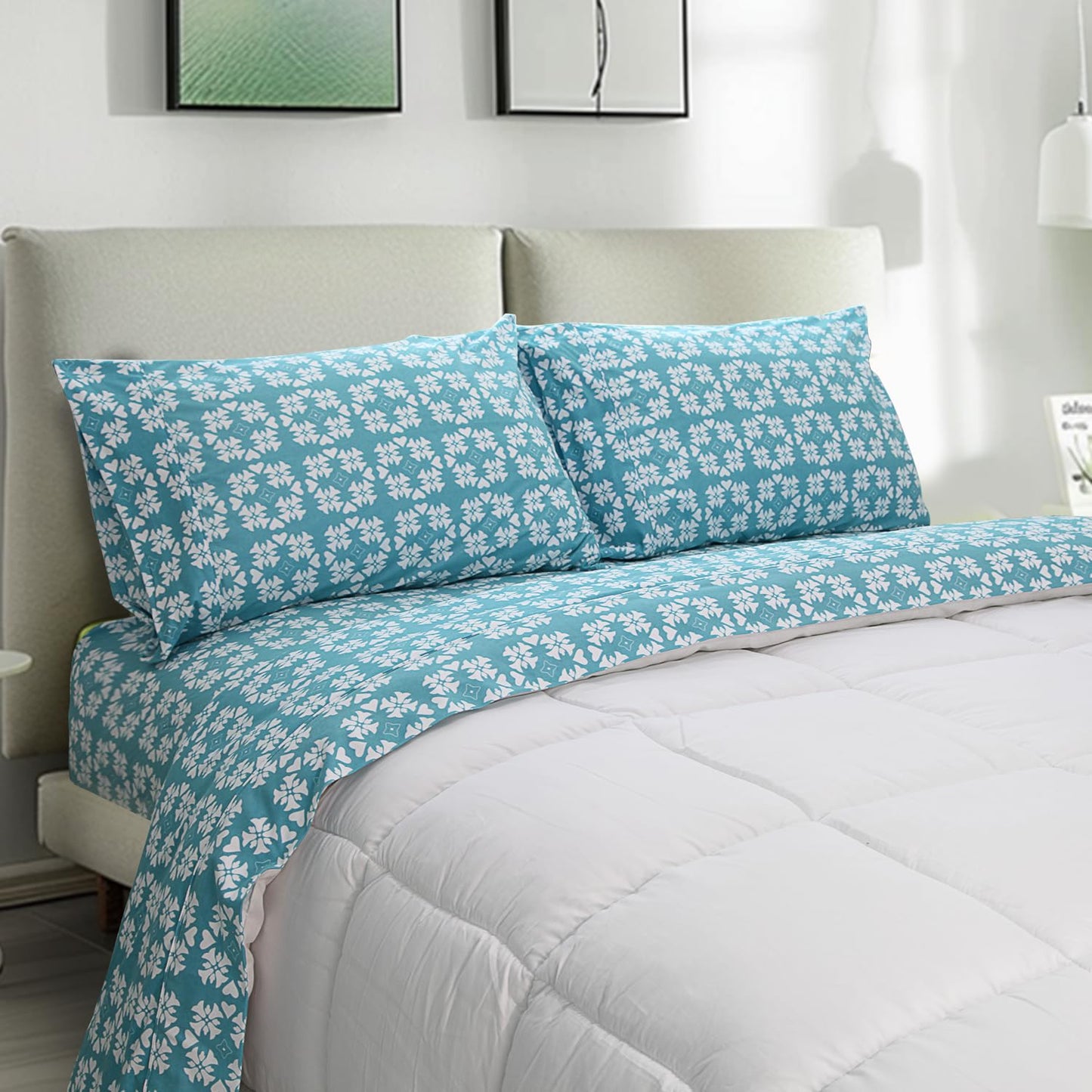 Marquess Microfiber Flannel Sheet Set - Ultra Soft Printed Bedding Collection, 16 Inches Deep Pocket, Flannel Bed Set Includes 1 Flat Sheet, 1 Fitted Sheet & 2 Pillowcases (Azure Blue Flower, Queen)