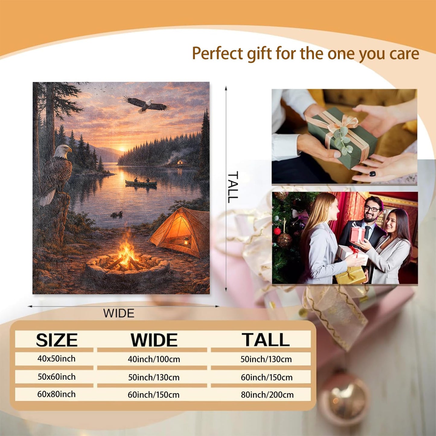 Camping Lake Sunset Throw Blanket Gifts for Kids Women, Soft Warm Wilderness Campfire Eagle Canoe Forest Flannel Blankets for Living Room Sofa Home Bedroom Decor 50" x 60"