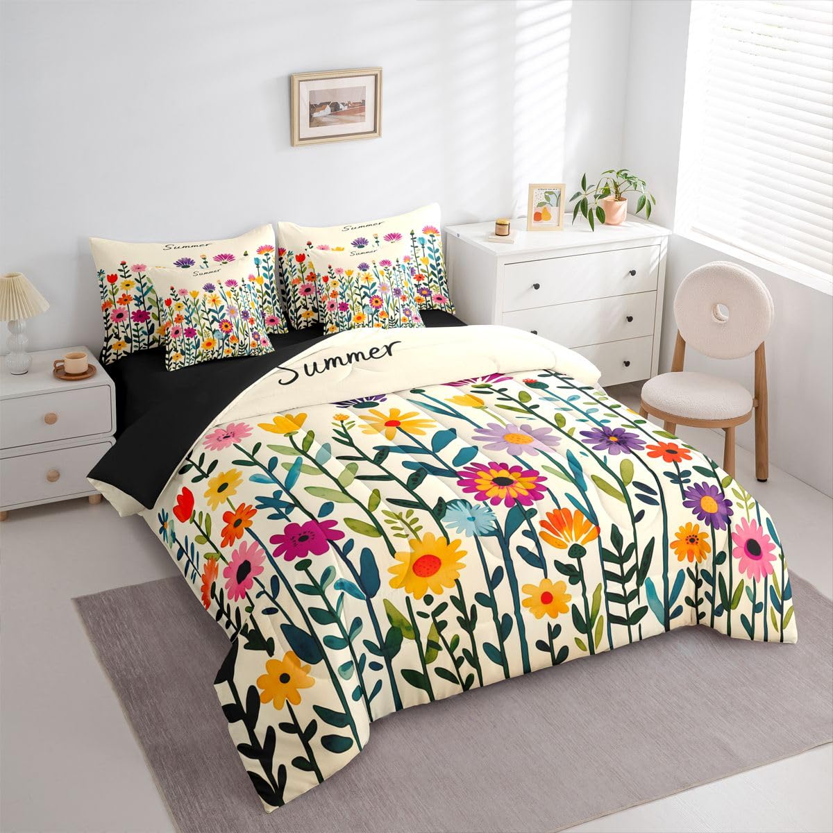 Erosebridal Boho Floral Queen Bedding Set Multicolor Daisy Comforter Set with Flat and Fitted Sheet Watercolor Wildflower Summer 7-Piece Bed in a Bag Kids Girls Women Whimsical Garden Quilt Sets