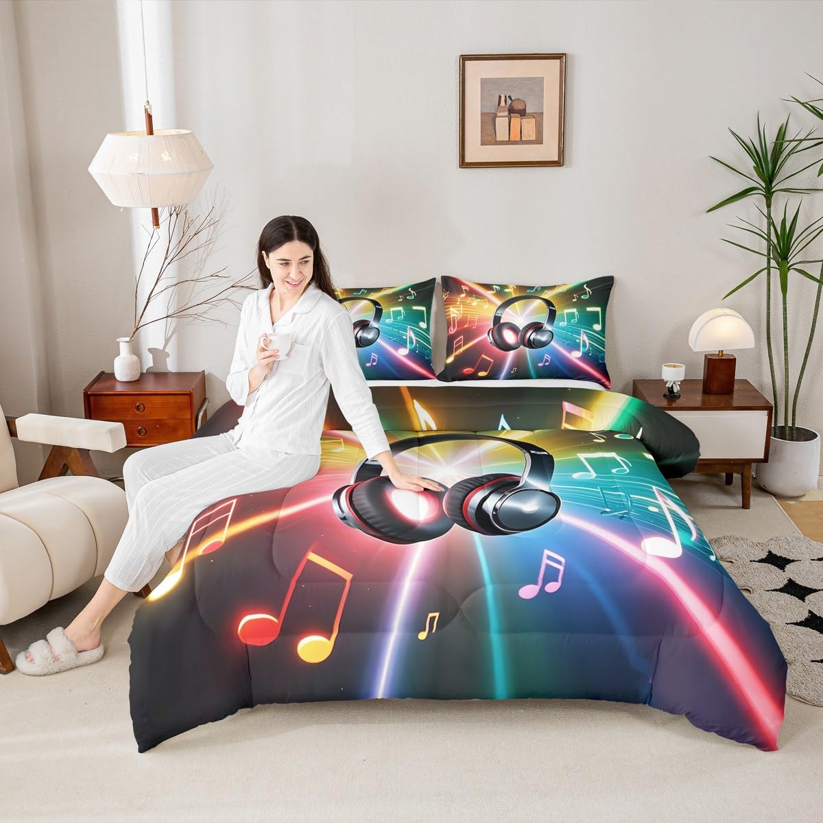 Erosebridal Headphone Comforter Set, Musical Note Hipster Bedding Set for Kids Boys Girls Teens, Rock Hip Hop Grunge Style Duvet Set Headset Bling Bedding Comforters Bedroom Decor, Twin Size