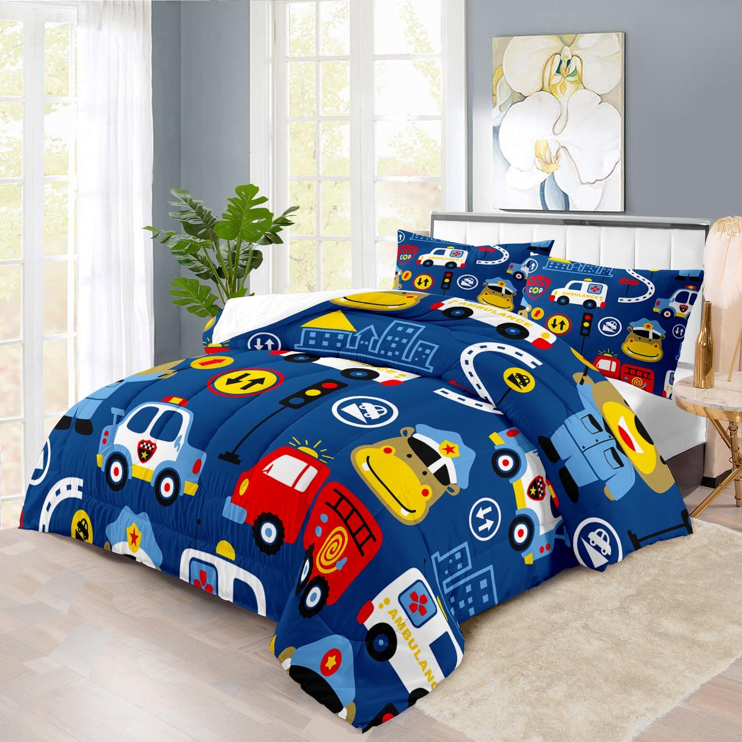 llyxsesty Kids Cop Car Comforter Set Queen Boys Fire Truck Bedding Set for Teens,Bear Comforter Queen Quilt Toy Police Car Bedroom Decor Cartoon Animal Bedding Bed Decor