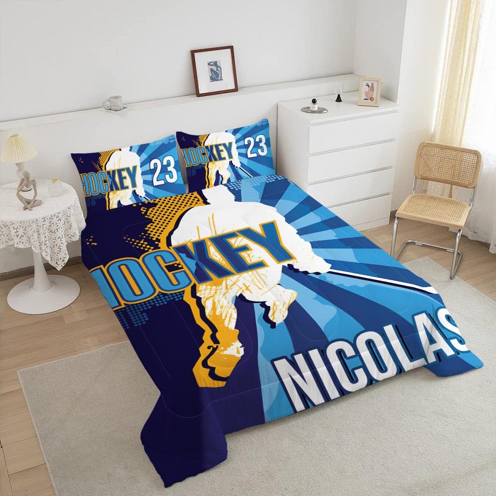 WAZARO Custom Amazing Ice Hockey Comforter Set, Personalized Hockey Bedding Twin Full Queen King, Hockey Decorations for Boys Room Bedspreads Sport Home Decor (Cool Hockey Player)