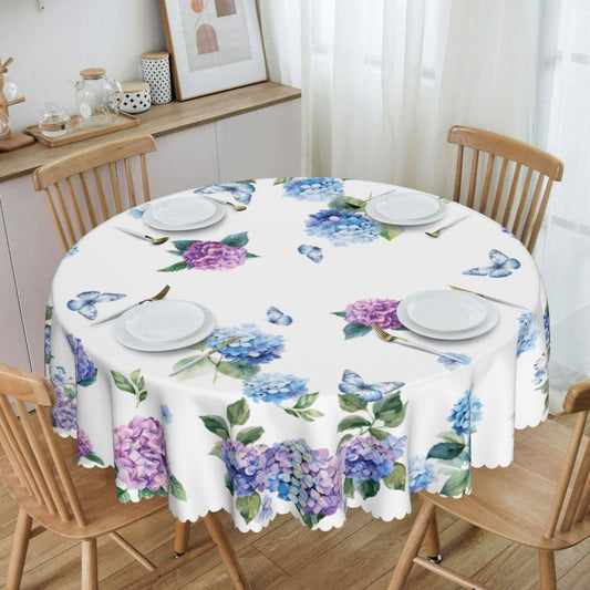 Blue Floral Tablecloth Round, Spring Summer Watercolor Hydrangea Flower Butterfly Farmhouse Water Resisitant Wipeable Table Cover for Dining Kitchen Living Room Home Party Holiday Decor 36 inch Round