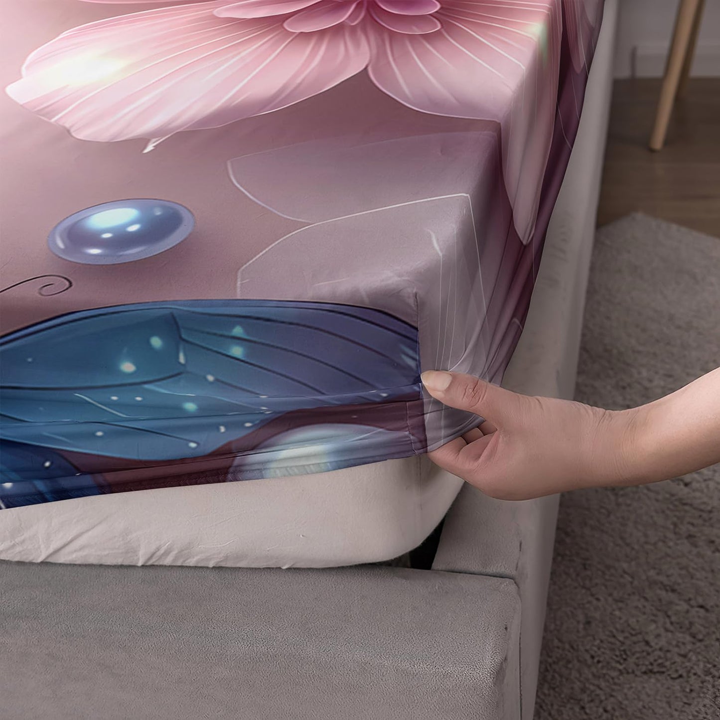 UEVBF Beautiful Blue Butterfly Fitted Sheet Set Full Size,Pink Flowers Pearl Bedding Sets for Kids Girls Toddlers Room Decor,1 Fitted Sheet+2 Pillowcases.