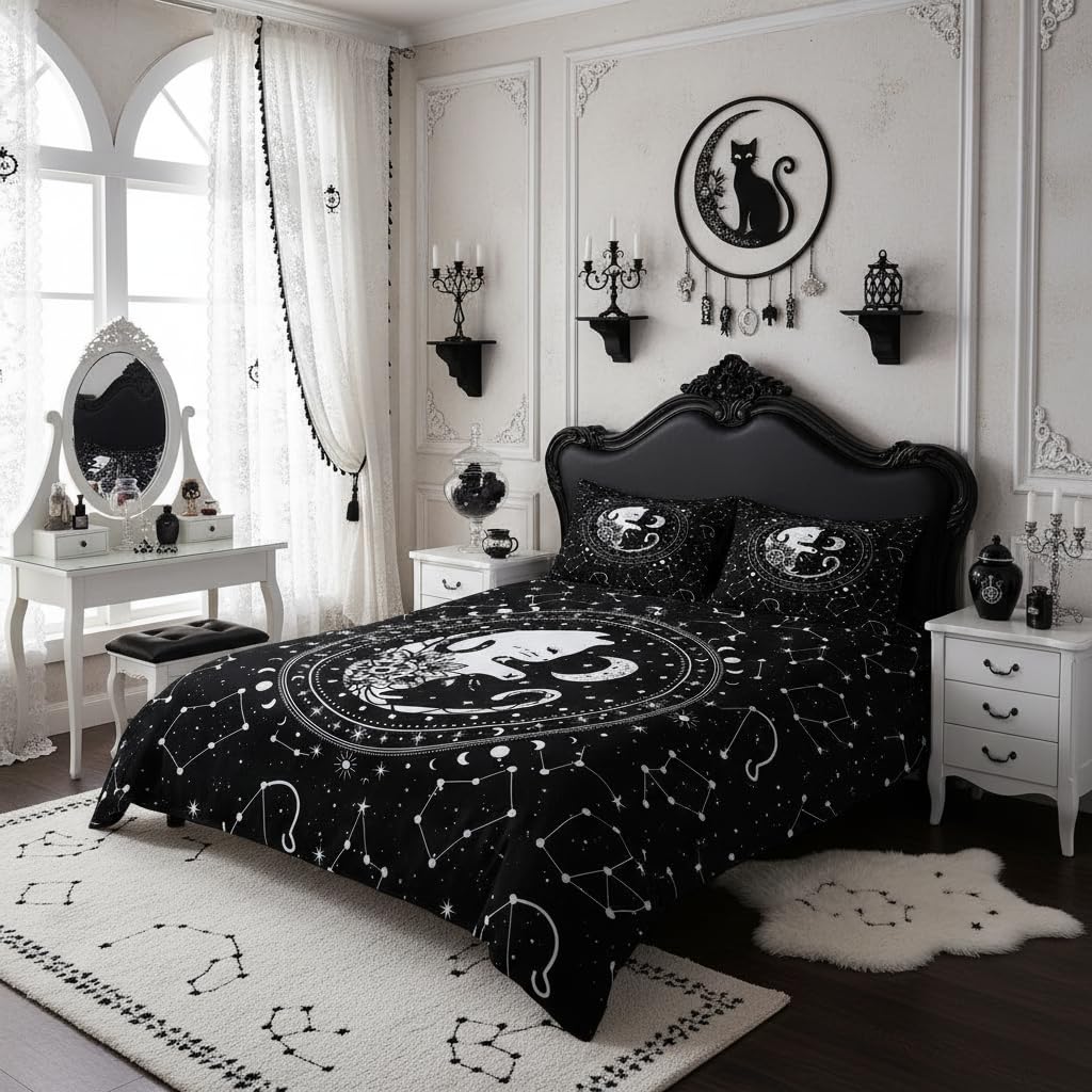 Tai Chi Cats Duvet Cover King,Gothic Starry Galaxy Moon Constellation Bedding Set 3pcs Kids Teens Boy Girls Room Decor,Animals Flower Plants Comforter Cover Black Exotic Quilt Cover with 2 Pillowcases
