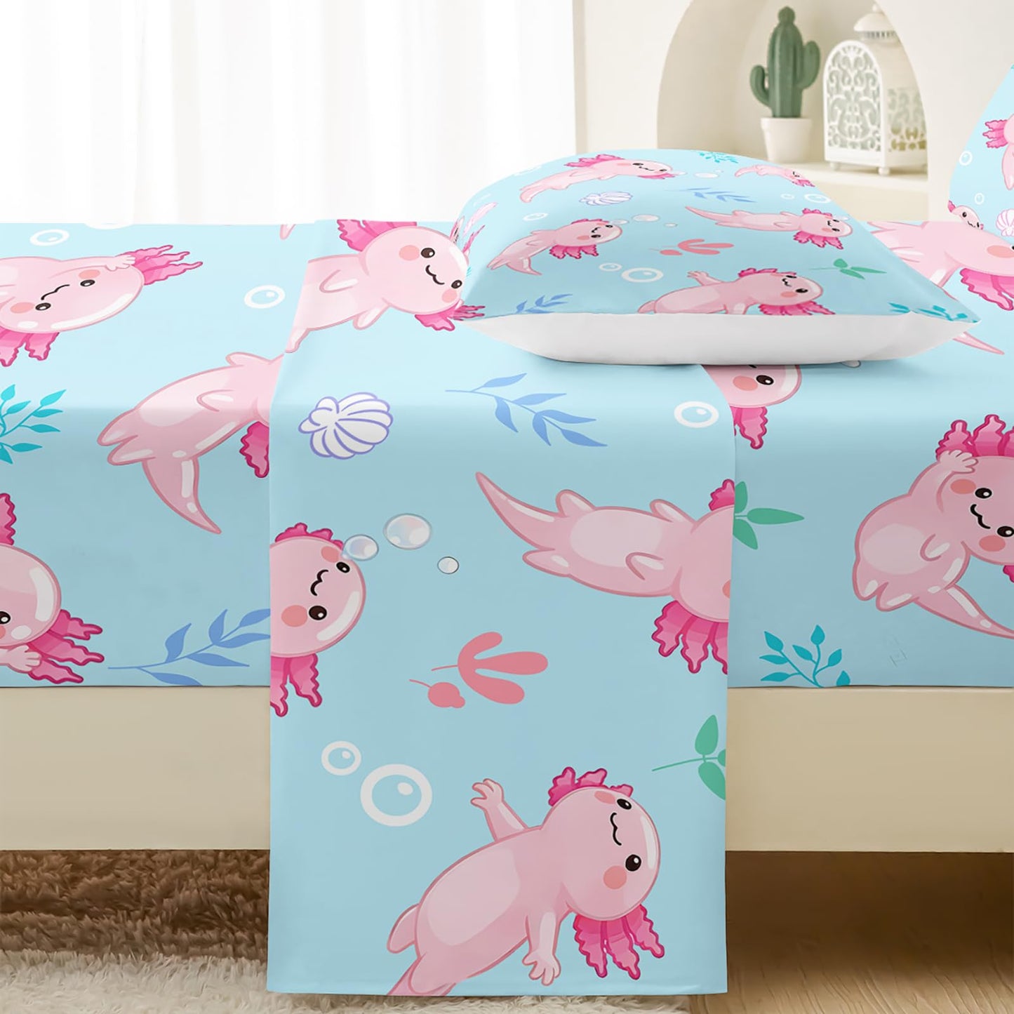QOOMO Kawaii Marine Life Silky Soft Microfiber Bed Sheets Cute Axolotl Super Soft Kids Bedding Set Blue Ocean Breathable Room Decoration Queen Size 1 Fitted Sheet, 1 Flat Sheet, 2 Pillow Cases