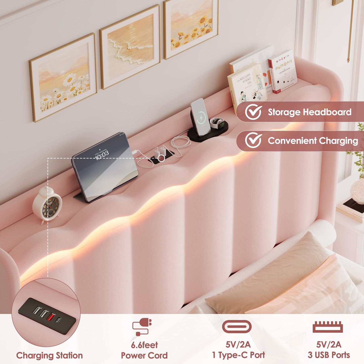 HIFIT Queen Upholstered LED Bed Frame with Charging Station and 2 Storage Drawers, Pink Velvet Princess Bed Frame for Girls, Camas Queen with Double Wavy Wingback Headboard, No Box Spring Needed