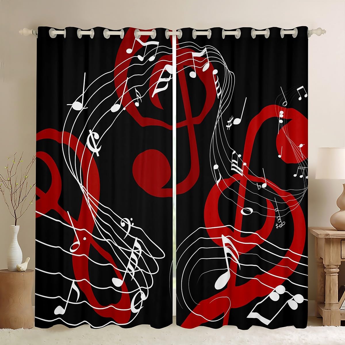 Musical Notes Window Curtain,Red Black and White Curtains for Kids Boys Girls Women Room Decor Abstract Music Theme Blackout Window Treatment Men Modern Soft Window Drapes,Top 2 Panel,42Wx63L