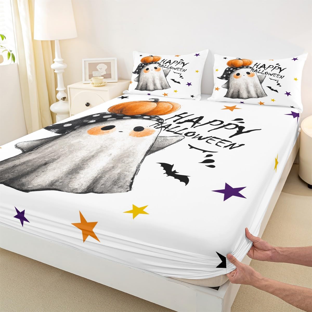 Feelyou Kids Halloween Bed Sheet Set Full Size, Cute Ghost Fitted Sheet Happy Halloween Bedding Set Boys Girls Horror Decor Teens Bedroom Decor Lightweight Bed Set (No Flat Sheet)